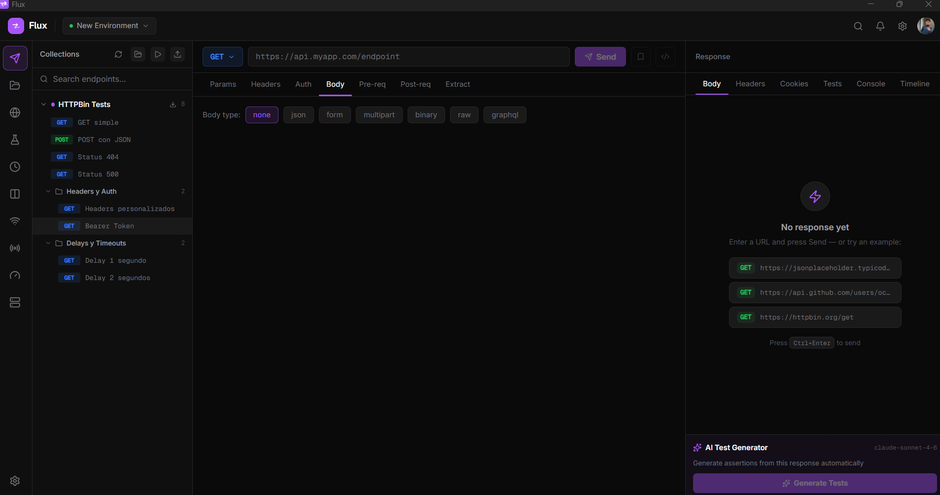 Flux API Client — main request view with AI Test Generator