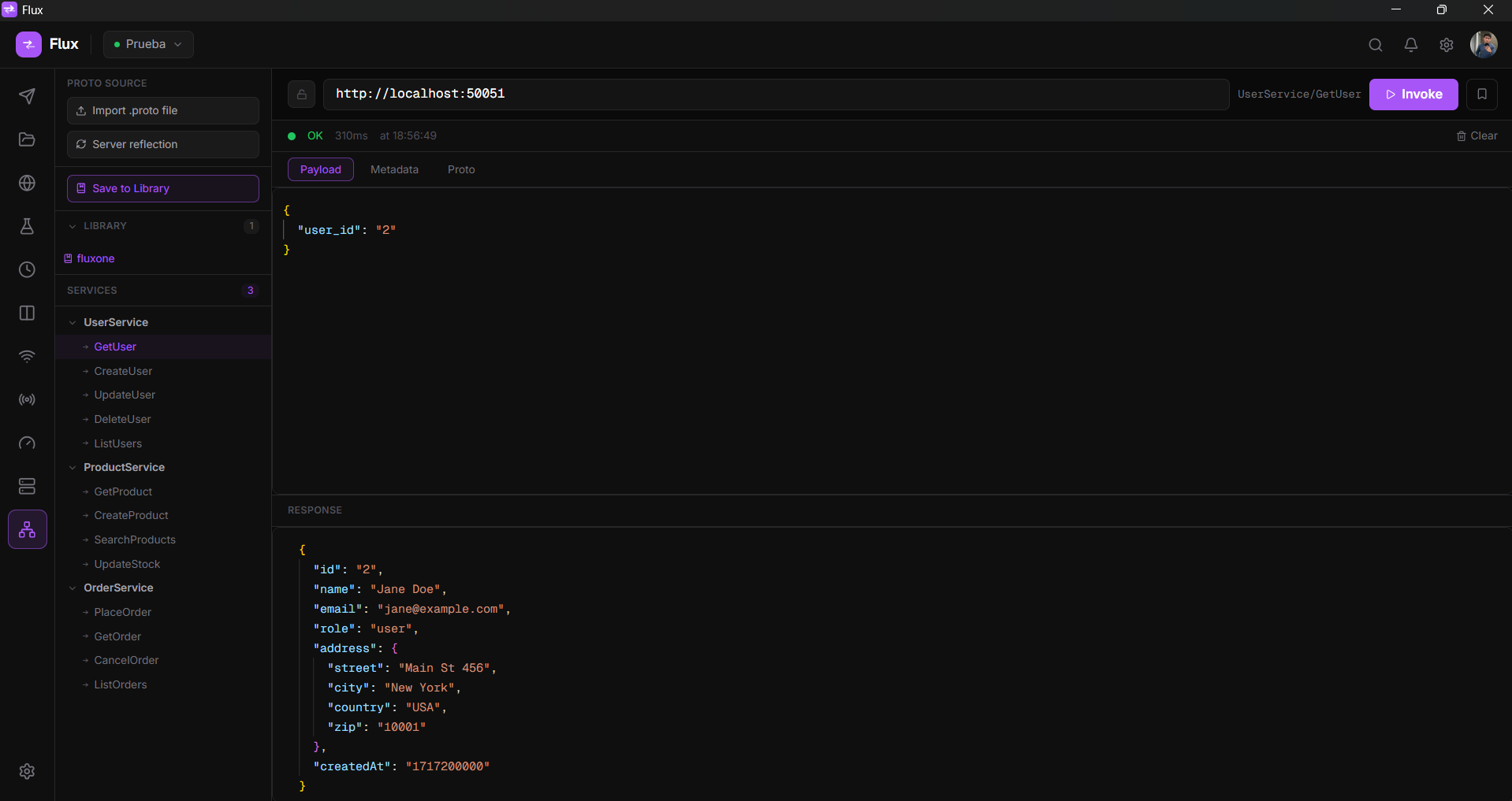 gRPC response, formatted JSON output with duration