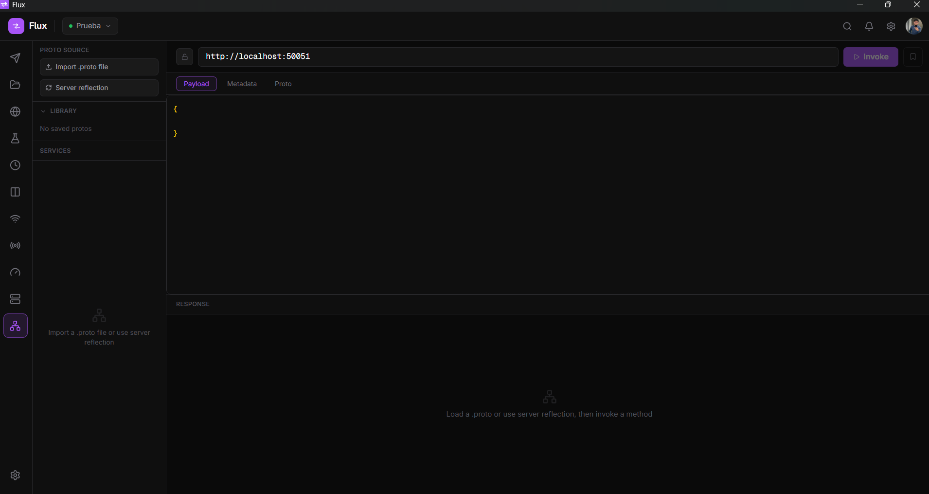 gRPC client, import proto, select service and method, invoke with payload