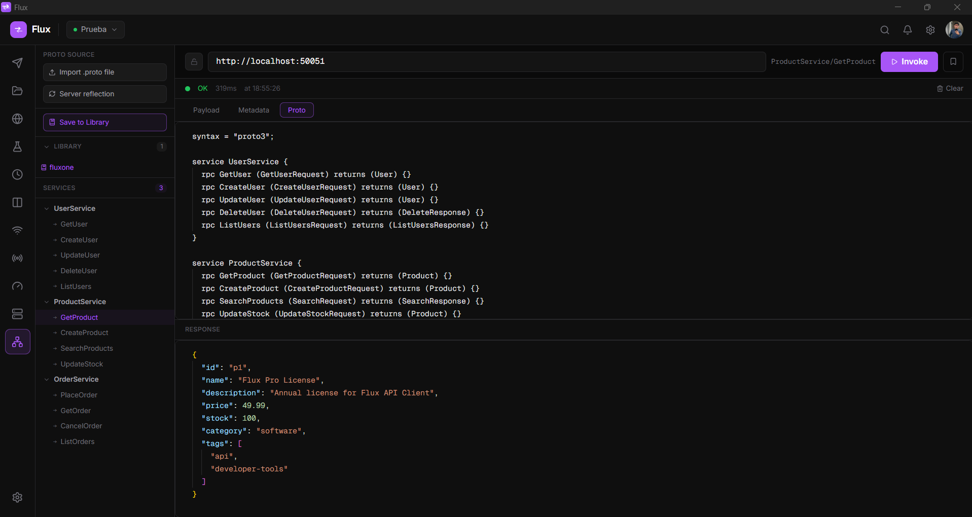 gRPC invoke, select service, method, edit payload and metadata